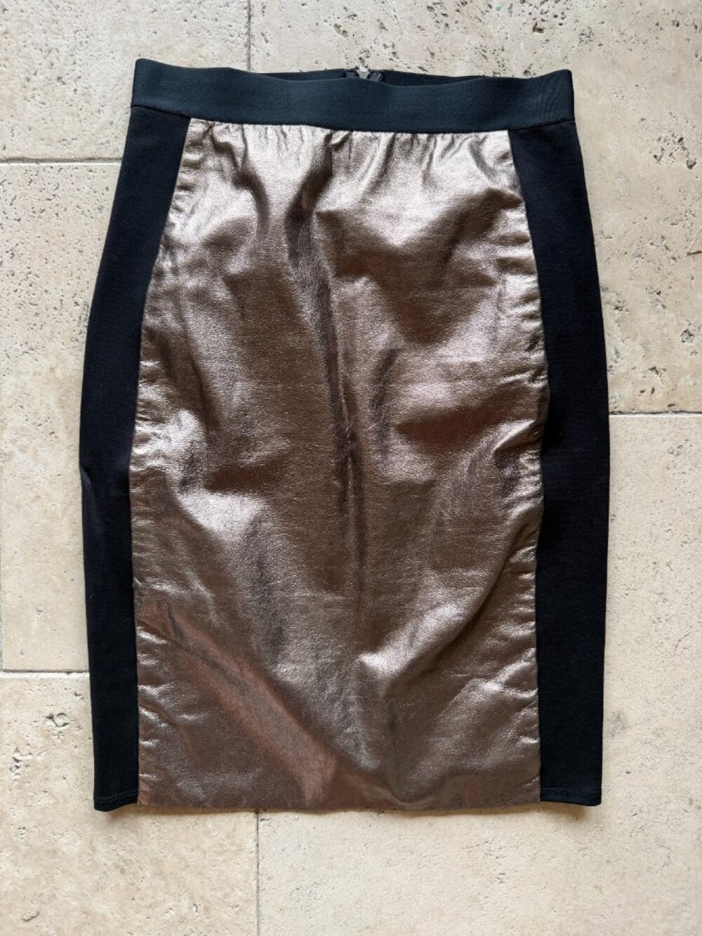 Michelle Mason metallic gold contract lamb skin pencil skirt stretch size 6